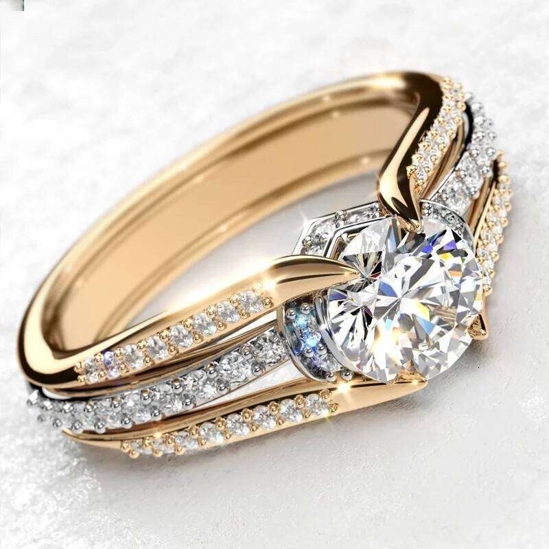 Huitan Lady Sparkling Finger Ring Wedding Ceremony Fashion Gold Color Jewelry for Engagement Party Bridal Accessories H260312