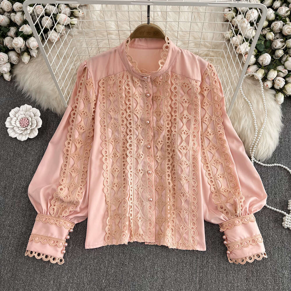 2026 Spring and Autumn Korean Style Elegant Stand up Collar Lace Crochet Hollow Loose Women's Long Sleeve Shirt