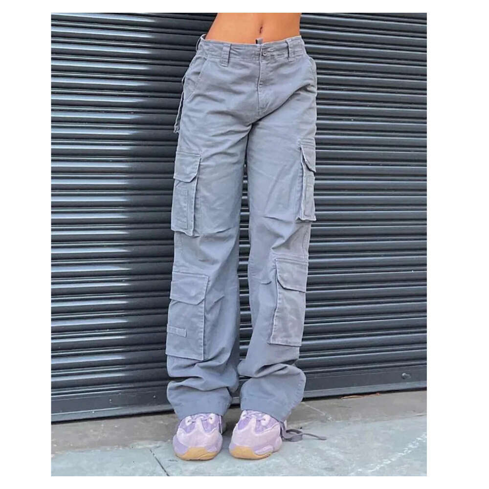 Summer Womens Vintage Grey Cargo Pants High Waist Wide Leg Jeans Baggy Casual Fashion Multiple Pockets Mom Hip Hop Street Style Z260314