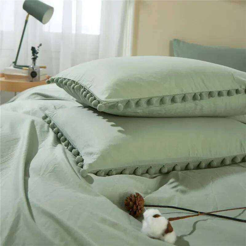 Solid Color Soft Washed Duvet Cover 3 Pieces Pillowcase Bedding Set for Twin Full Queen King Size Cute Pom-pom Decoration H260312 - view 3