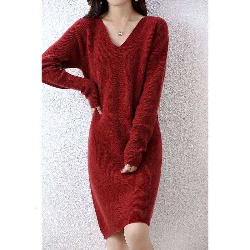 Womens Elegant Cashmere Sweater Dresses 100% Merino Wool Sexy V-Neck Casual Knitted Skirt Fall Winter Ladies Black Dress Clothes Z260313