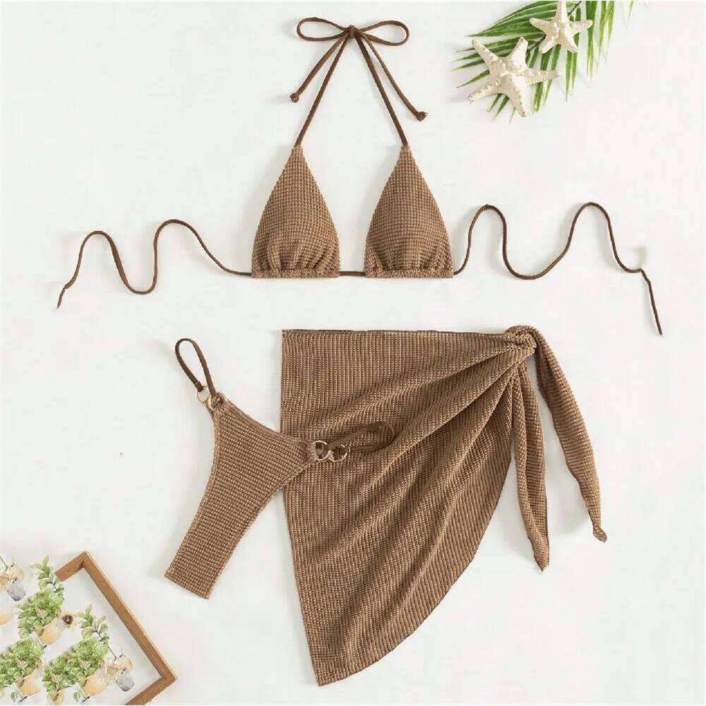 Holiday Brown Halter Solid Swimwear Sexy String Triangle Bikinis Sets 3 Pieces Swimsuit Woman 2026 Bather Micro Bikini Thong Y260303