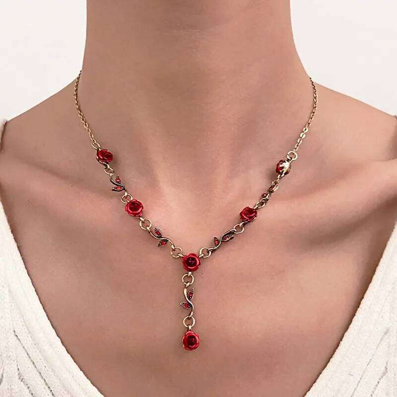 Vintage French Red Rose Flower Set for Women Fashion Romantic Clavicle Chain Necklace Engagement Jewelry Gifts H260312