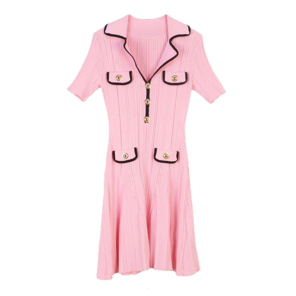2026 Spring/Summer New Women's Suit Collar Short Sleeve Slim Fit A15 Waist Elegant French Knitted Dress
