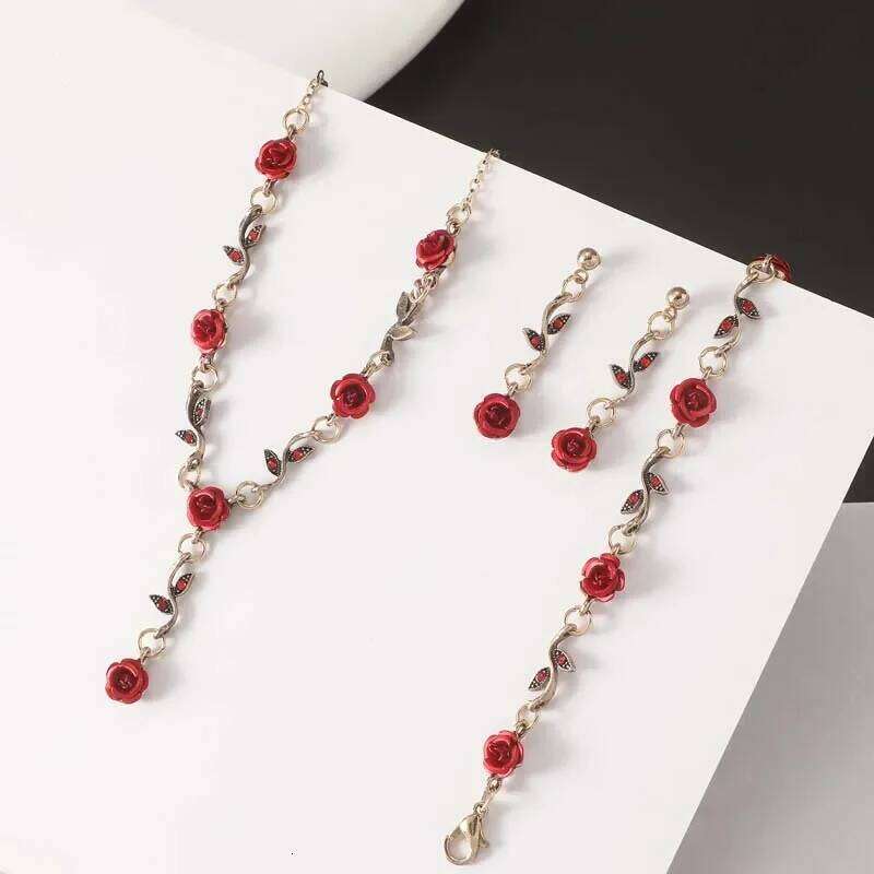Vintage French Red Rose Flower Set for Women Fashion Romantic Clavicle Chain Necklace Engagement Jewelry Gifts H260312