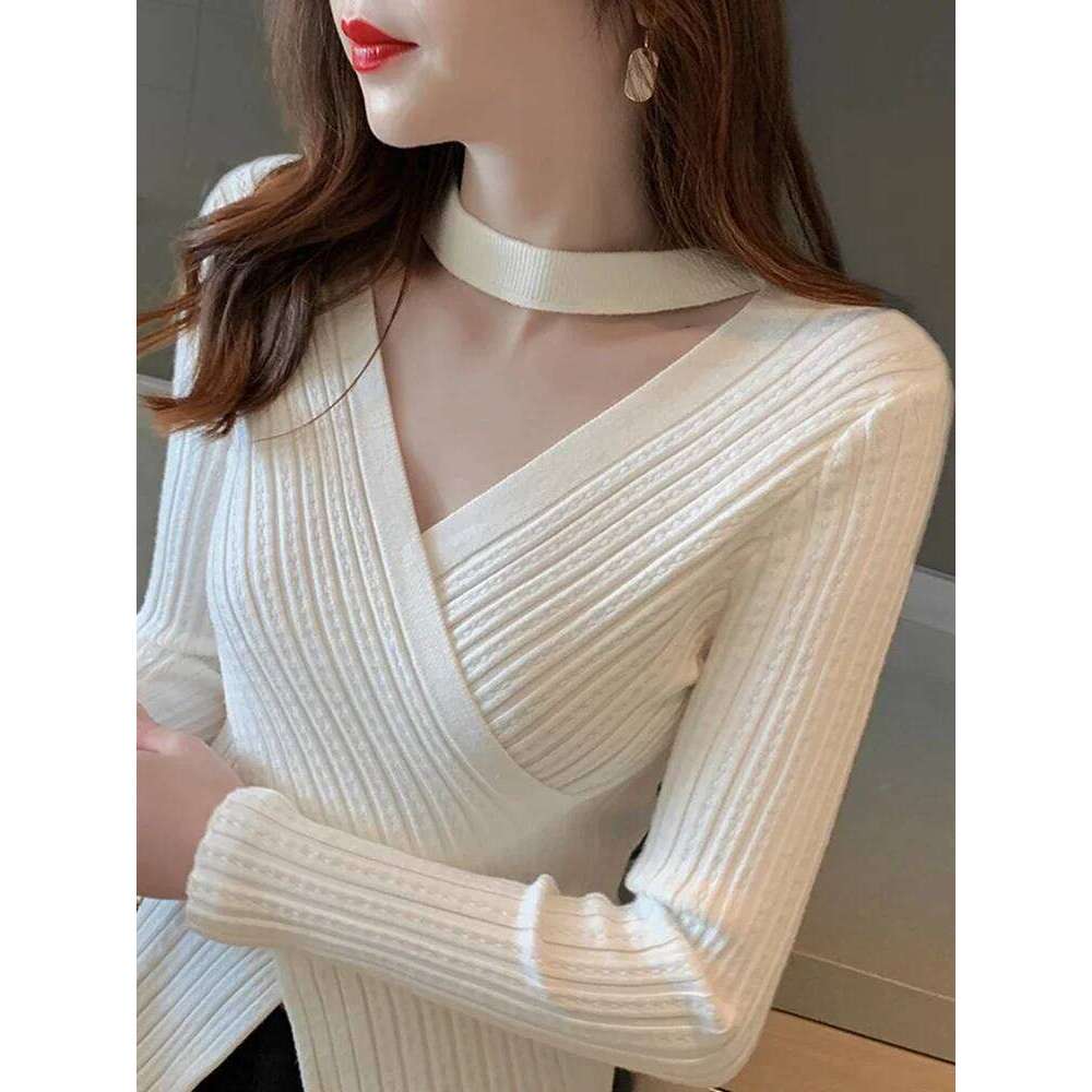 Sexy V neck White Sweaters Women Casual Long Sleeve Ladies Tops Slim Y2k Clothes Autumn Winter Korean Basic Knitwear Pullovers Z260314