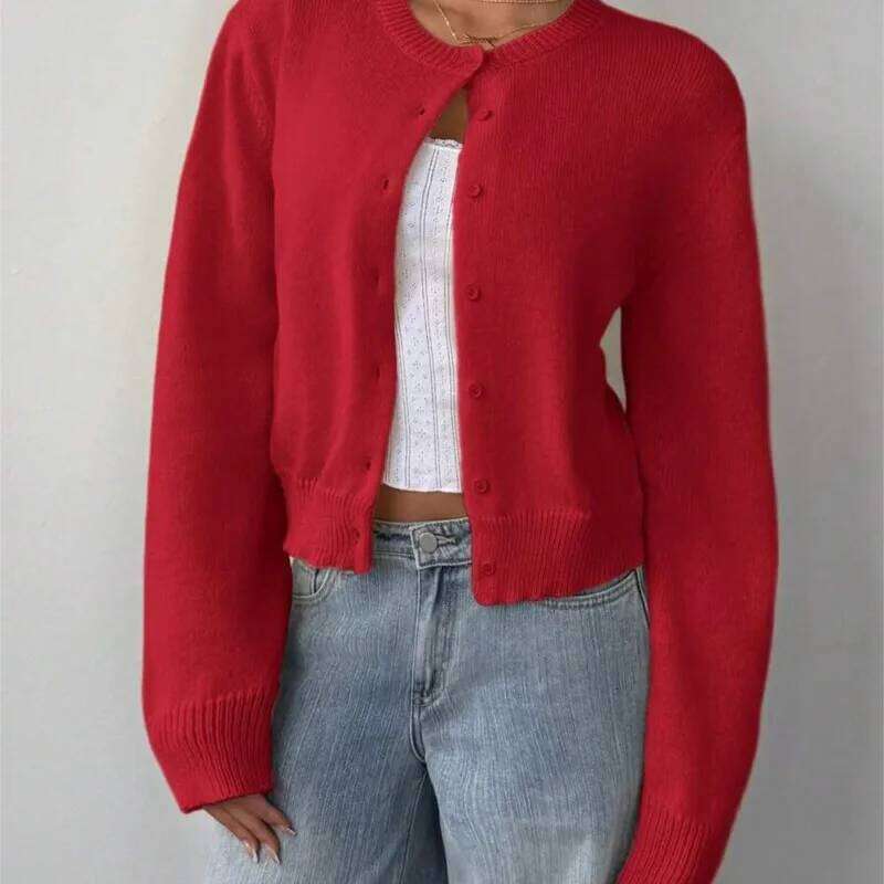 Autumn Winter Round Neck Threaded Long Sleeved Button Women's Cardigan Jacket Sweater Short Leisure Loose Solid Color Top Z260313