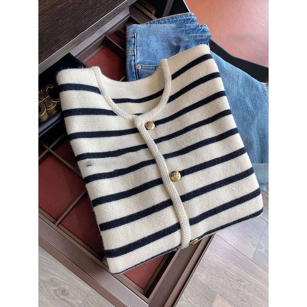 Women Spring Autumn Sweaters O-neck Stripe Knitted Cardigan Fashion Long Sleeve Casual Short Tops Korean Style New Z260314
