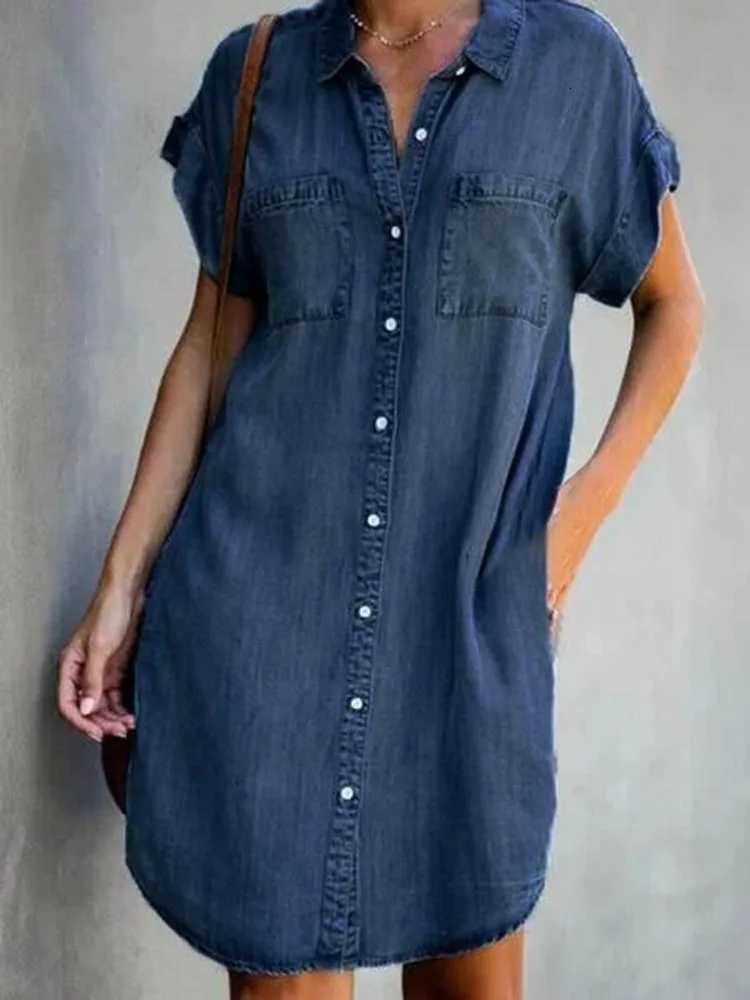 Summer New Single Breasted Denim Shirt Dress Womens Casual Loose Pocket Simple Retro Commuter Female Office Denim Short SkirtT260314