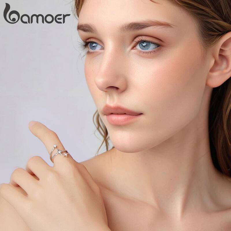 BAMOER Solid 925 Sterling Silver Starry Adjustable Ring Three-layer Minimalist CZ Jewelry Birthday Gift Original for Women H260312