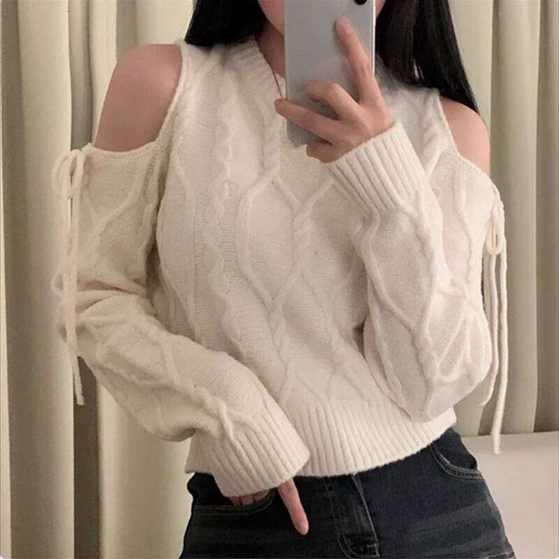 Casual O Neck Long Sleeve Knitted Tops Y2k Off Shoulder Pullover Elegant Solid Sweater Autumn Winter Korean Lace Up Knitwear Z260313
