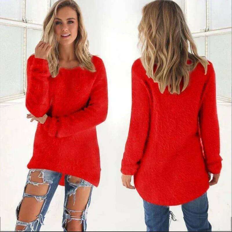 Women Warm Solid Color O Neck Loose Cotton Knitted Pullover Long Sweater Casual Oversize Blouse Ladies Hipster Clothing