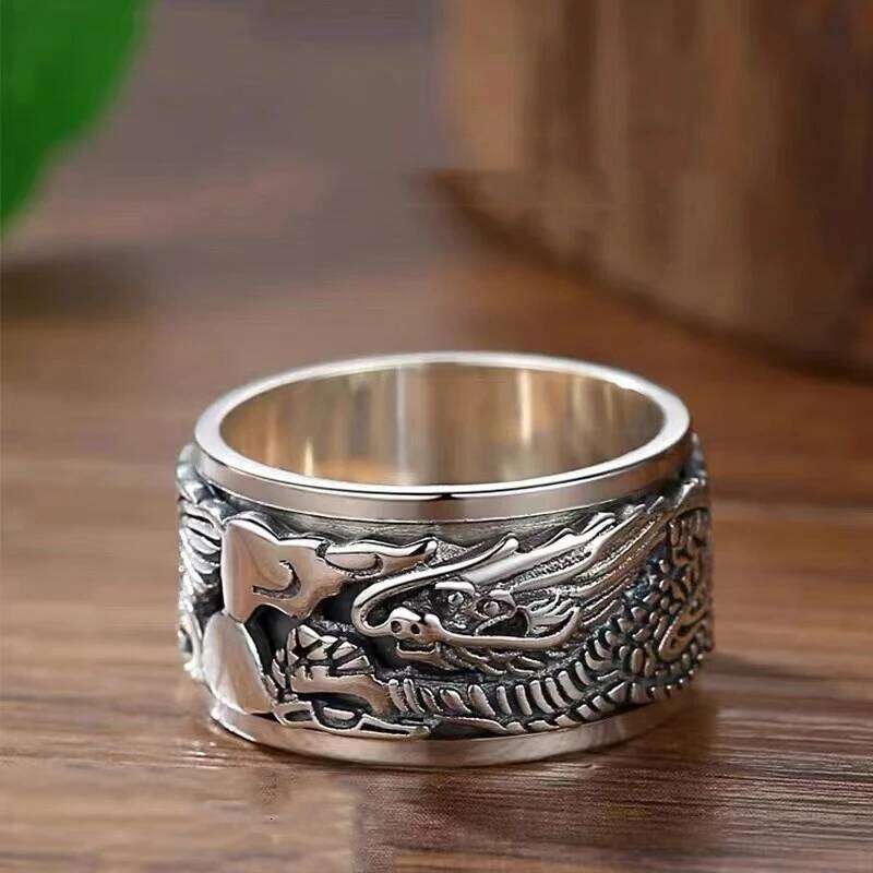 Handmade 12mm Width Real S925 Sterling Silver Lucky Double Layer Rotatable Closed Dragon Ring For Man Woman Fine Jewelry H260312