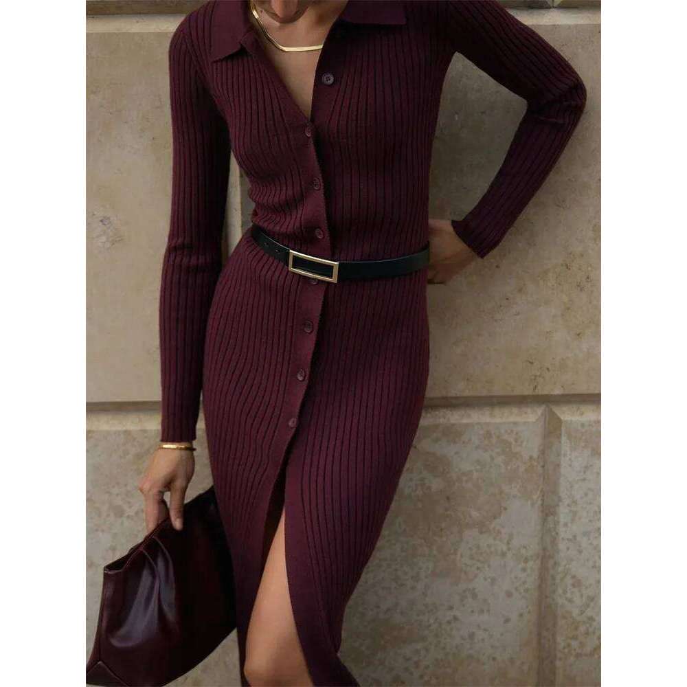 Autumn Knitwear Ribbed Maxi Female Patchwork Loose Sleeve Cardigan Lapel Knit Women's Casual Long Dress Z260313