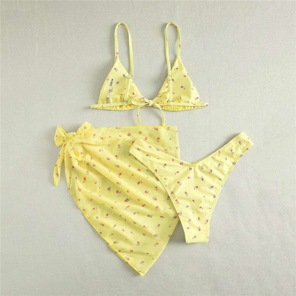 Yellow Floral Print Swimwear Mesh Cove Ups 3 Piece Bikini Set Damen Sexy Swimsuit Women 2026 Beach Bikinis Swimming Wear Y260303
