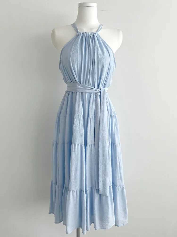 Korean Sle Chic Summer Svel Neline Waist Cinched Slimming Long Vest Dr Womens Faion Commute Wind Regular FitT260314