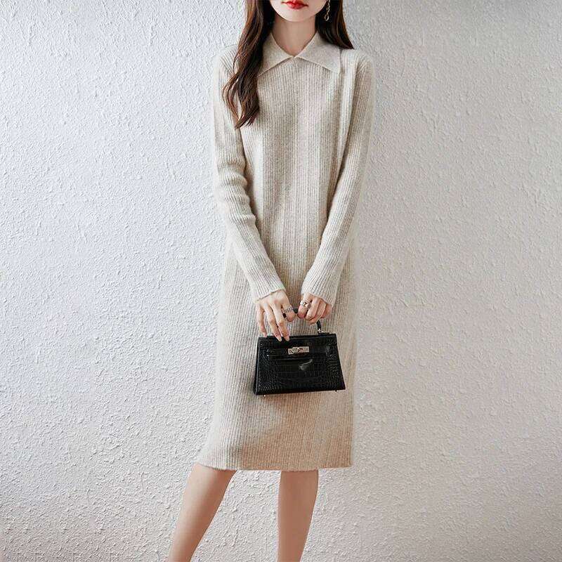 Yoyoselect 100% Merino Wool Women's Polo Collar Autumn Winter Straight Soft Warm Dresses Cashmere Knitted OL Dress Z260313