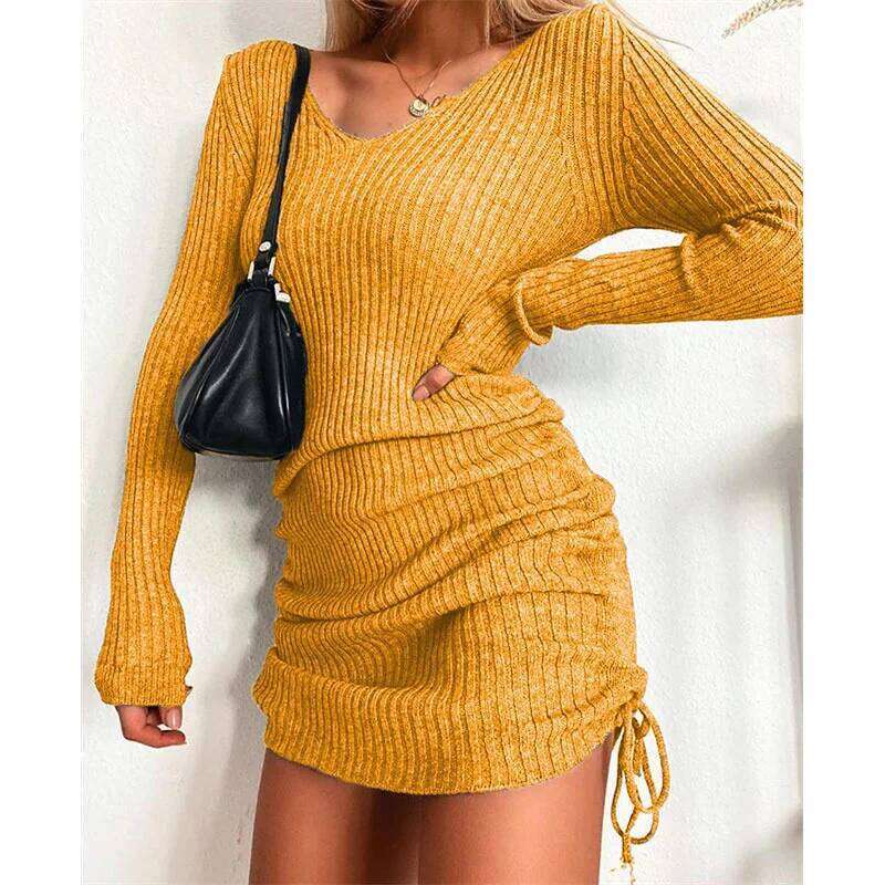 Knitted sweater V-neck long-sleeved women's autumn and winter sexy slim-fit ribbed pleated drawstring bottoming skirt Z260314