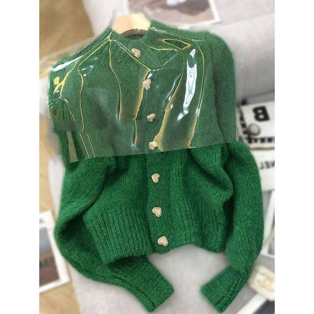 Green Knitted Cardigan Sweaters Autumn Half High Collar Sweet Korean Fashion Winter New Casual Jacket Z260313