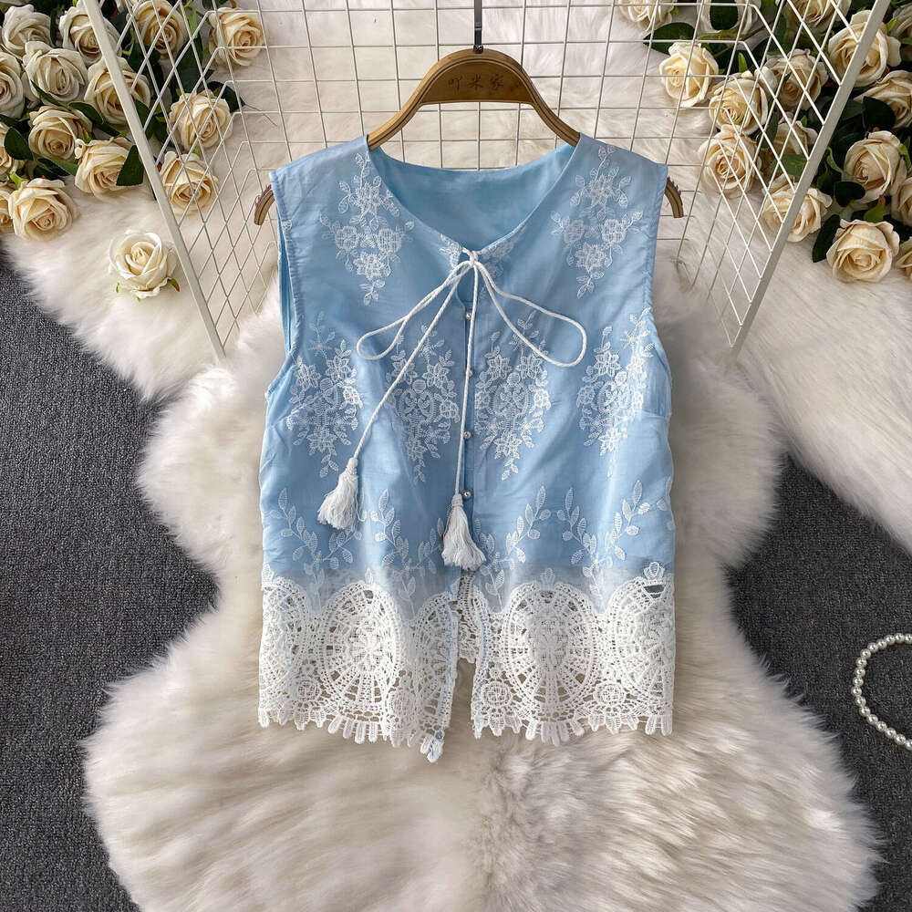 2026 designer French high-end blue lace up hollow sleeveless vest high waist slim fit skirt set