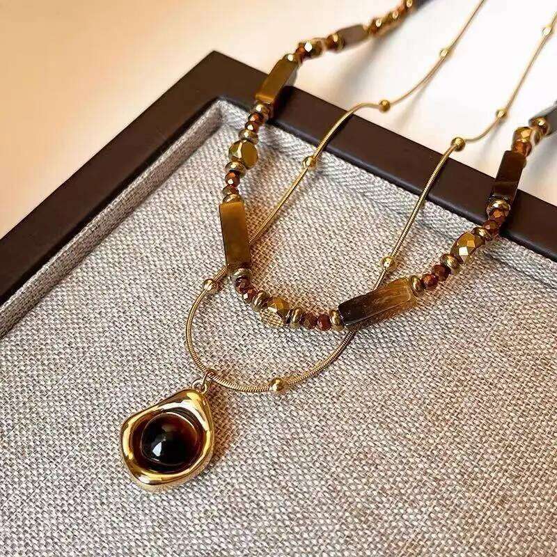 Retro Temperament Layered Tiger Eye Stone Pendant Necklace For Women Stainless steel Double-Layer Collarbone Chain Sets Jewelry H260312