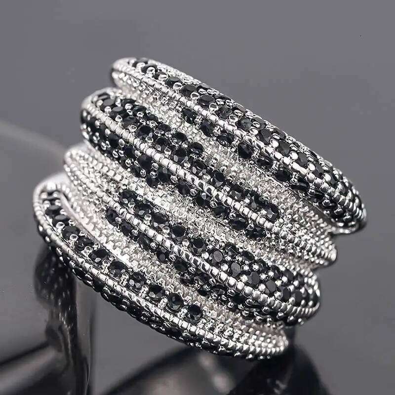 Huita Hiphop Women Rings Inlaid Black Sparkling Cubic Zirconia Special Party Accessories Silver Color Charming Unique Jewelry H260312