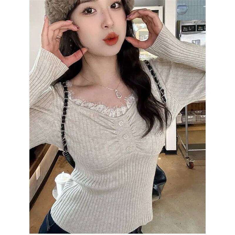 Sweet Lace Edge V-neck Knitted Bottoming Shirt for Women Slim Fit Autumn and Winter Sweater Cropped Top Z260313