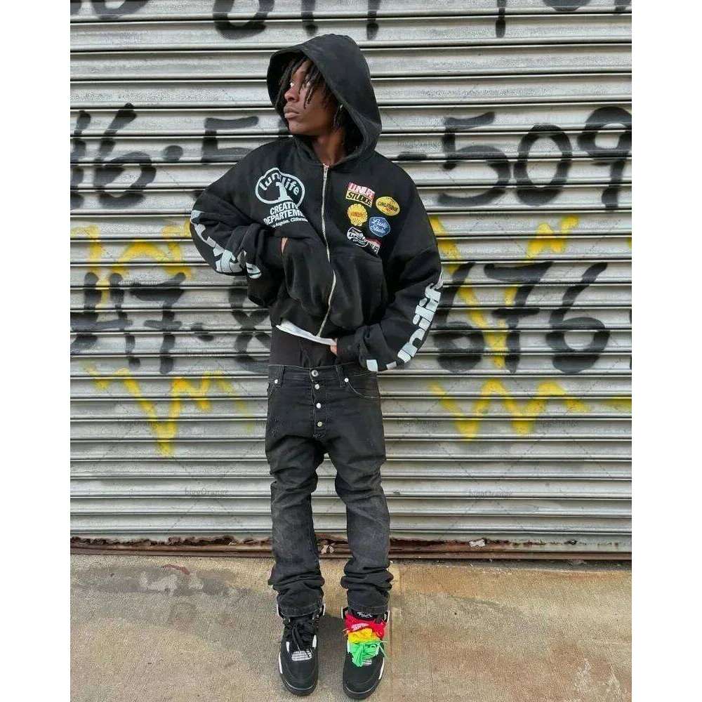 New zip up hoodies Y2K Harajuku Punk Casual Clothes Trend Streetwear American Vintage Badge Print Zipper Hoodie for Men Z260314