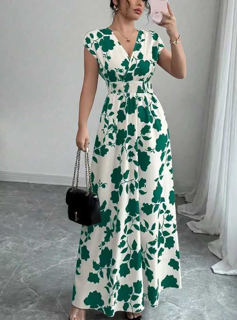 Summer Womens V-neck Dress Short-sleeved High-waisted Plant Print Simple Fashion Holiday Casual Long Dress for FemaleT260314