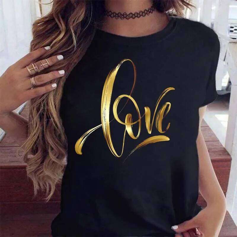 New Gold Letter Love Print T Shirt Female Short Sleeve Tops 90s Girls Black T-shirt Women Casual Tee Shirts Z260314