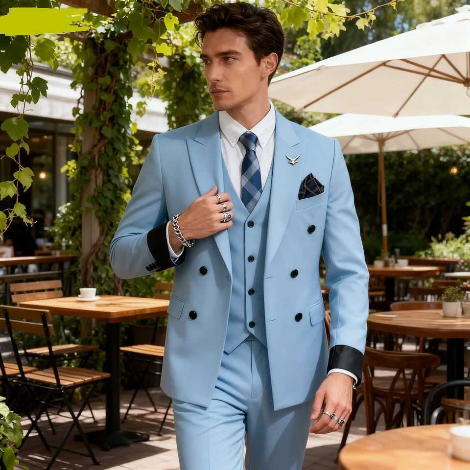 Mens Double-breasted Three-piece Ensemble plus Size Grooms Wedding Attire Youthful Business Formal Casual Suit Set M260313
