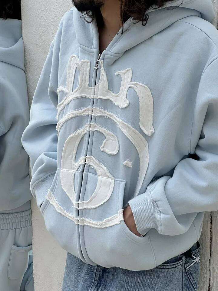 Y2K Clothing New Fashion Letter Embroidery Patch Zipper Hooded Sweater Men Gothic Harajuku Hip Hop Popular Casual Sweatshirt 26Y0313