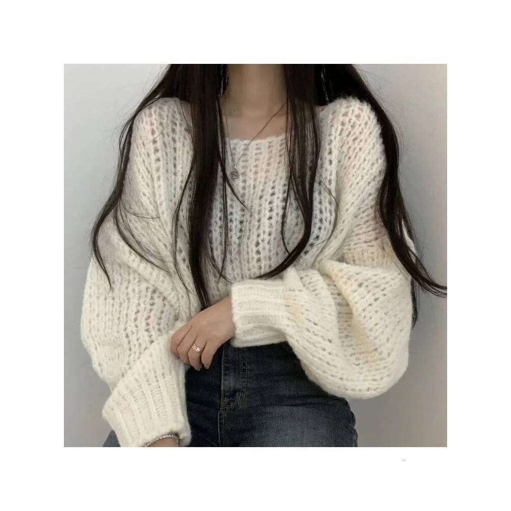 Autumn sweet sweater with hollow-out design, loose pullover for women, casual round neck long-sleeved knitted top Z260314
