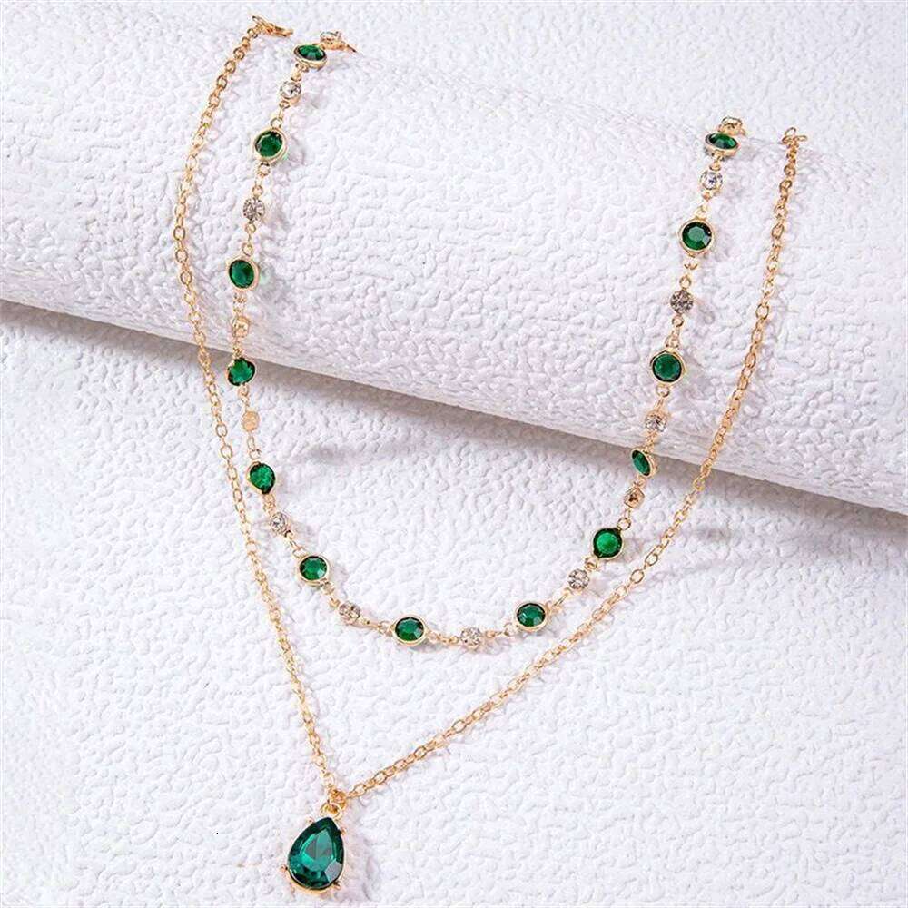 Fashion Boho Gold-plate Crystal Chain Green Water Drop Pendant Female Necklace For Women Vintage Baroque Choker Jewelry Gift H260312