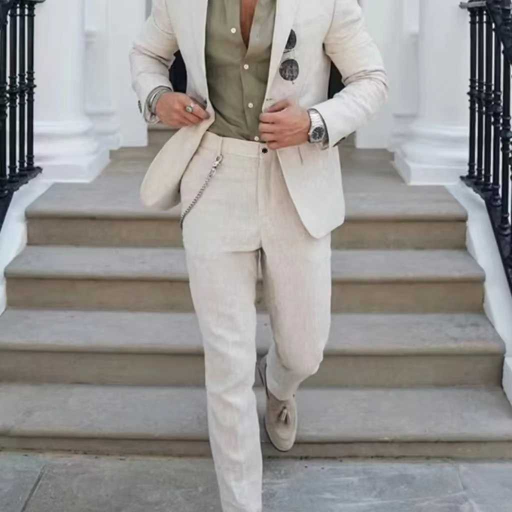 Linen Two-piece Set Tuxedo Suits for Men Notched Lapel Mens Casual Fitted Linen Suit Elegant Party Dresses Summer Beach M260313