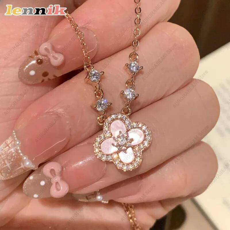 Pink Shell Necklace, Cr Pendant 18K Gold Plated Layering Chain Dainty Aesthetic Jewelry , Women's Fashion Gift H260312