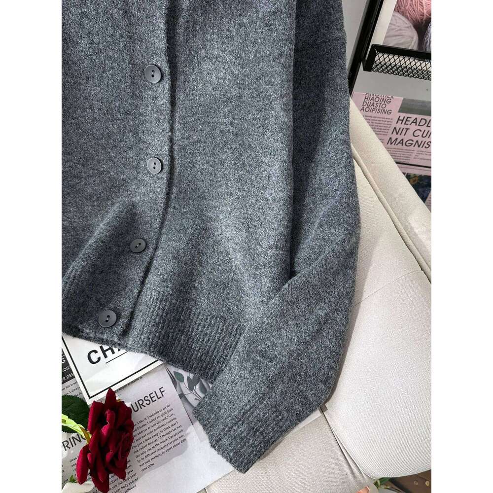 Simple Dark Gray Knitted Cardigan Autumn Round Neck Women's Sweater Jacket Korean Casual Fashion Female Knitting Coat Z260313