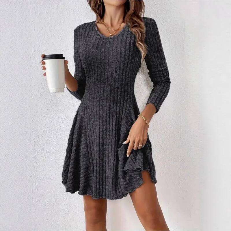 Solid Color V-neck Dress Autumn Winter Women's New Fashionable Knitted A-line Long Sleeved Short Frock Z260313