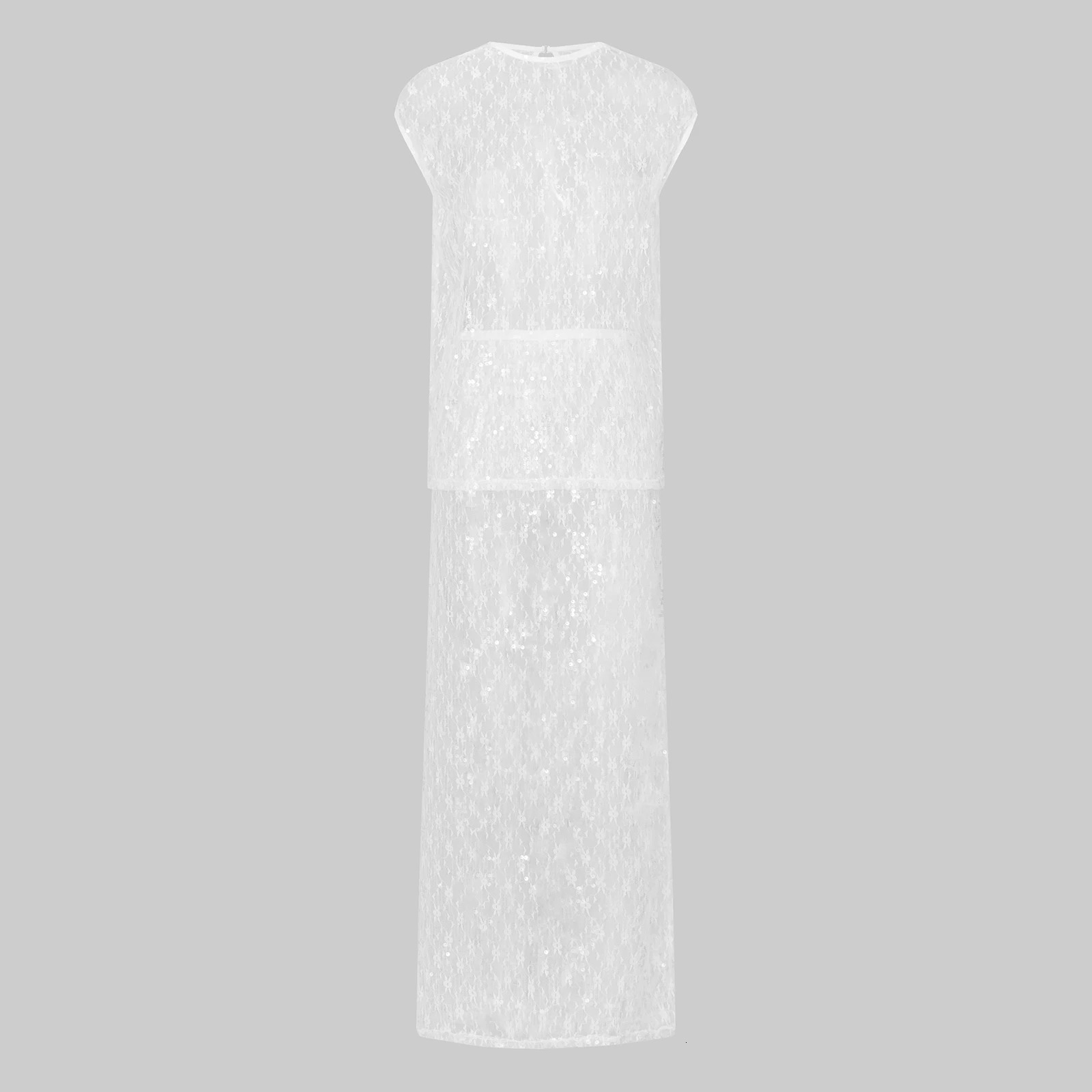 Womens Sequins Sheer 2 Piece Skirt Outfits Chic Beach Coverups Suits See Through Cap Sleeve Tops Long Sets 260310