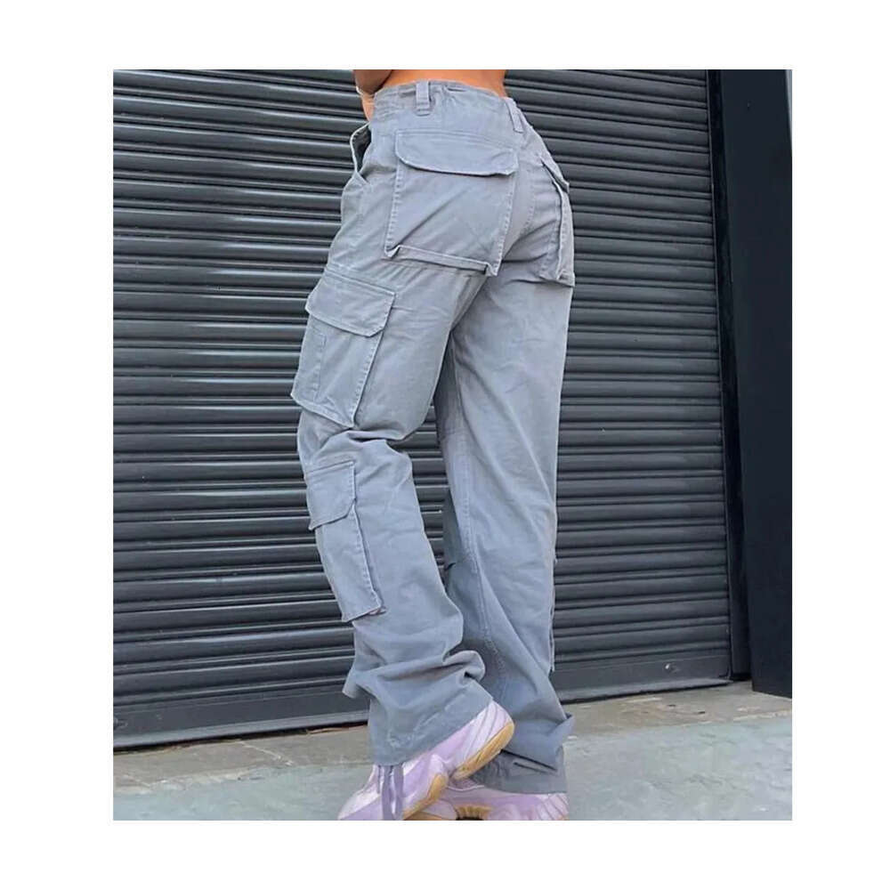 Summer Womens Vintage Grey Cargo Pants High Waist Wide Leg Jeans Baggy Casual Fashion Multiple Pockets Mom Hip Hop Street Style Z260312