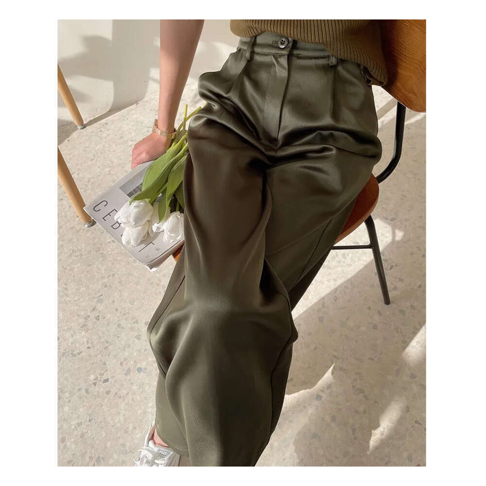 Two Piece Summer Silk Satin Womens High Waist Casual Black Korean Fashion Wide Leg Suit Pants for Women Trousers Oversize 230912 Z260314