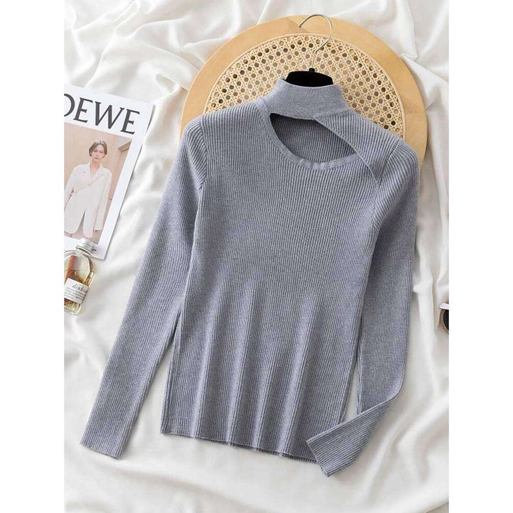 Skew Hollow-out Pullovers for Women Long Sleeve Half High Collar Knitted Sweater Female Korean Solid Jumper Pull Femme Sweaters Z260313