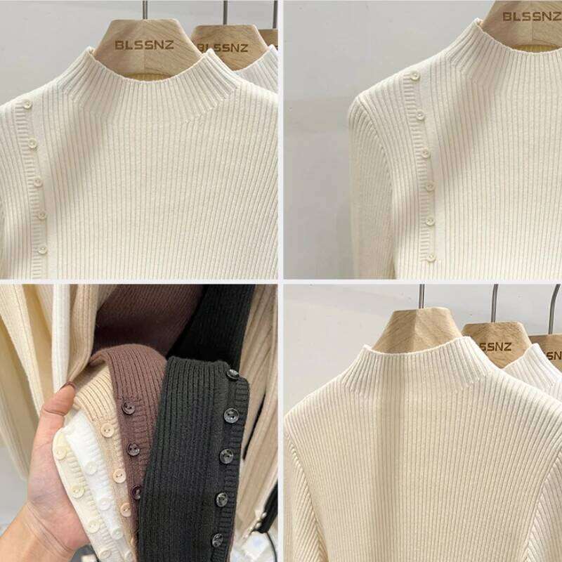AOSSVIAO 2025 Autumn Winter New Sweater Women's Turtleneck Solid Color Pullovers Korean Long Sleeve Slim Button Femme Warm Tops Z260313
