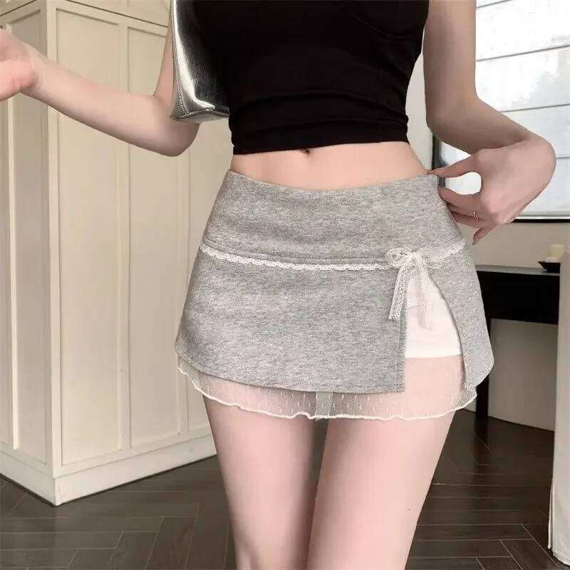 Mini Women Patchwork Lace Bow Hotsweet Summer A-Line Skirt with Safety Pants Fashion Side Slit Bodycon 2025 Lady Skirts Z260314