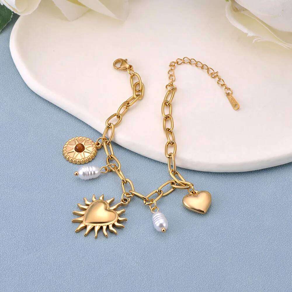 Lokaer Stainless Steel Sun Star Flower Pearl Charm Bracelet for Women Waterproof 18k Gold Plated Wrist Chain Party Gift B25105 Z260313