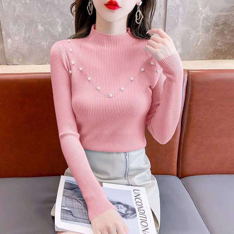 Sweater Solid Color Long Sleeve Pullover Women's Clothing Half High Collar Embroidered Flares Spring Autumn Screw Thread Tops Z260313