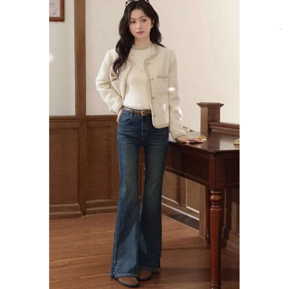 ALXNAN Vintage Blue Jeans Women's Flared Straight Cotton Denim 2025 Fall Office Lady Elegant Slim-fit Female Pants L57873 Z260313