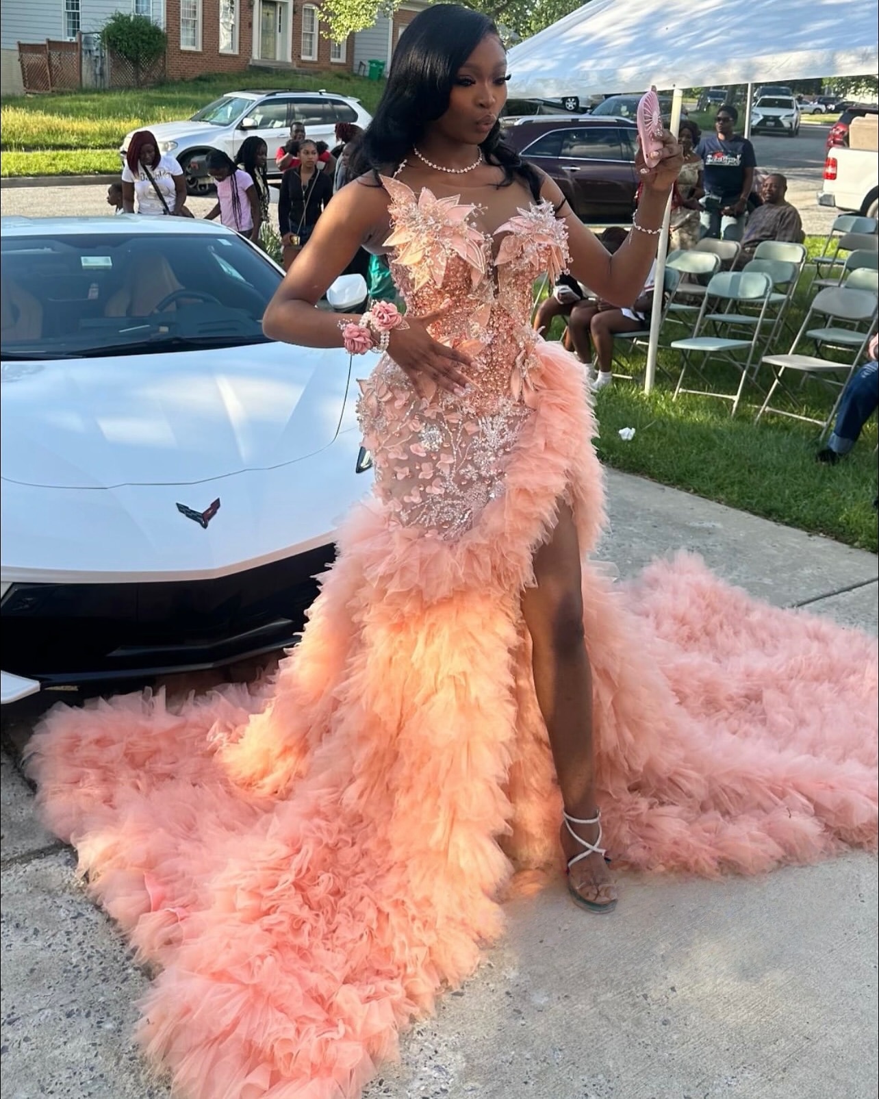 Aso Ebi Blush Pink Prom Dress 2026 Mermaid Prom Dress Florals Crystals Tiers High Split Evening Dress Sequined Birthday Formal Women Pageant Party Gow