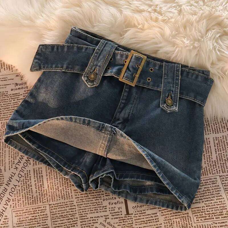 Y2K Summer New A-line Miniskirt High Waist Street Fashion Denim Retro Straight Tube Hip Wrap Women's Belt Skirt Z260314