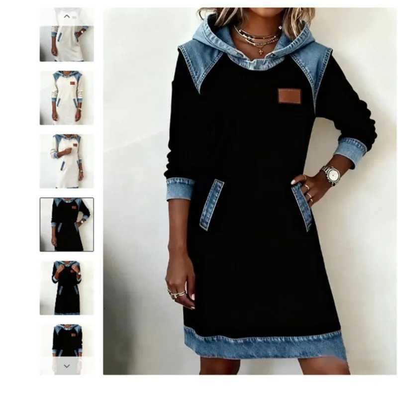Vestidos De Mujer Casuales Kleid Autumn Winter Splicing Pocket Waist Dress Women Mid-length Hooded Long-sleeved Sweatshirt DressT260314